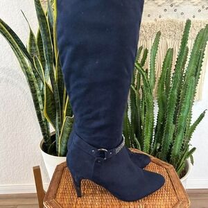 Navy suede knee high pointed toe boots with rhinestone harness accent 7.5